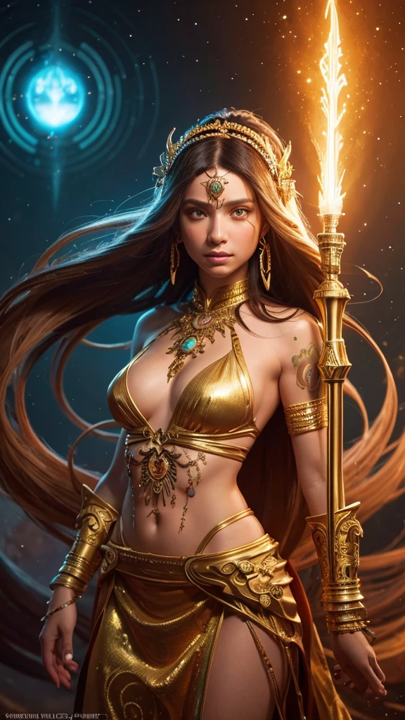 (The Goddess of Sand, beautifully decorated like in the movie, Golden Dress, Shiny gold tattoo), (Galactic Shaman with Quantum Energy Fantasy), Fantasy magic, Long Hair, Dark light night, Complex, Mysterious, Sharp focus, figure, Very detailed, Digital Painting, コンセプトart, mat, (art：WLOP), (Justin Gerard and Jason Edmiston: 1.5), (Greg Rutkowski: 0.4), (Alphonse Mucha: 0.4), masterpiece