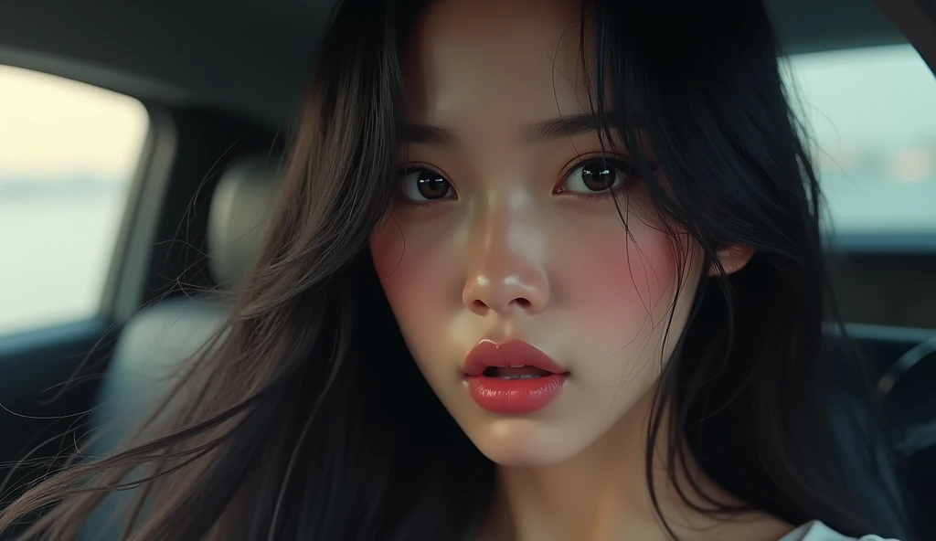 white skinned woman with long black hair,2, ultra realistic beautiful woman with detailed face, she is making an impressed facial expression with her mouth open, She's inside a car