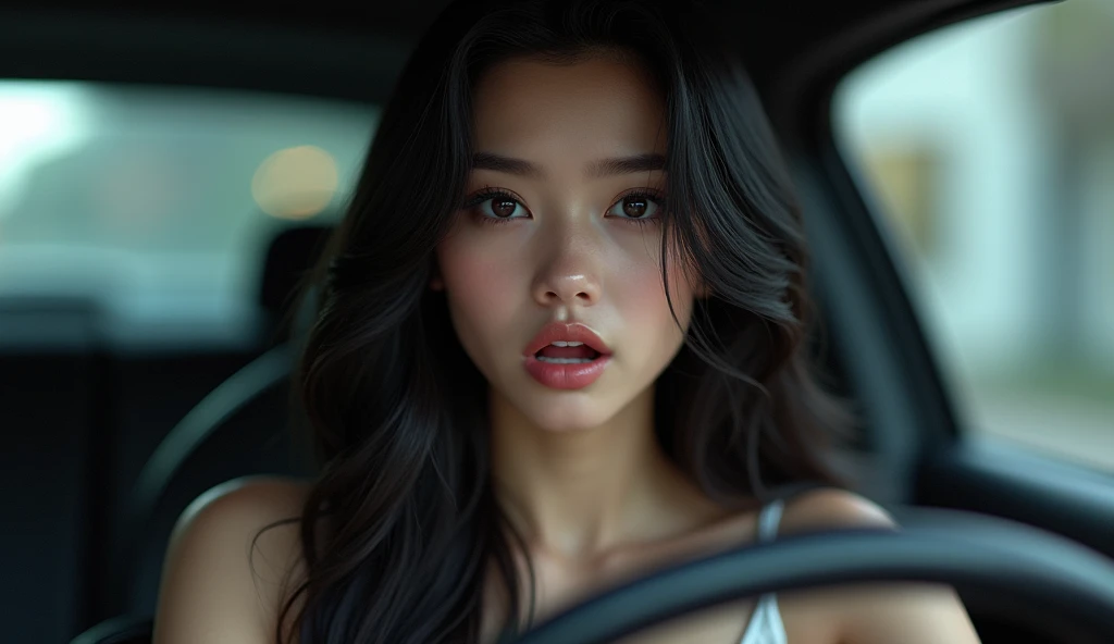 white skinned woman with long black hair,2, ultra realistic beautiful woman with detailed face, she is making an impressed facial expression with her mouth open, She's inside a car