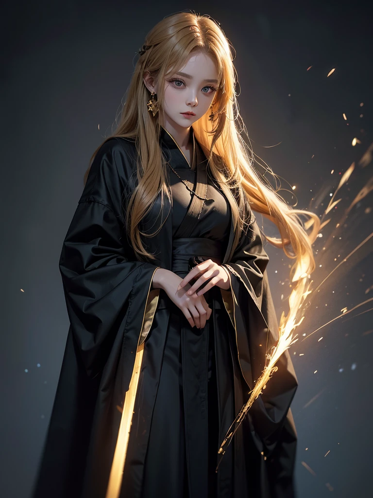 Runic Background、Wearing a black robe、Mage's Clothing、golden hair color、look at the viewer、masterpiece、cute woman、Wearing elegant school clothes
