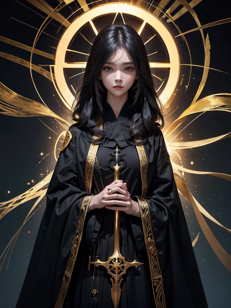 Runic Background、Wearing a black robe、Mage's Clothing、golden hair color、look at the viewer、masterpiece、cute woman、Wearing elegant school clothes