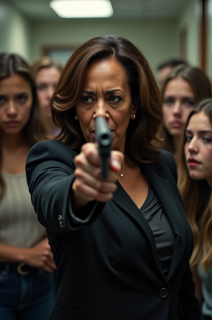 Vice president Kamala Harris pointing a gun and yelling at a group of white age girls,