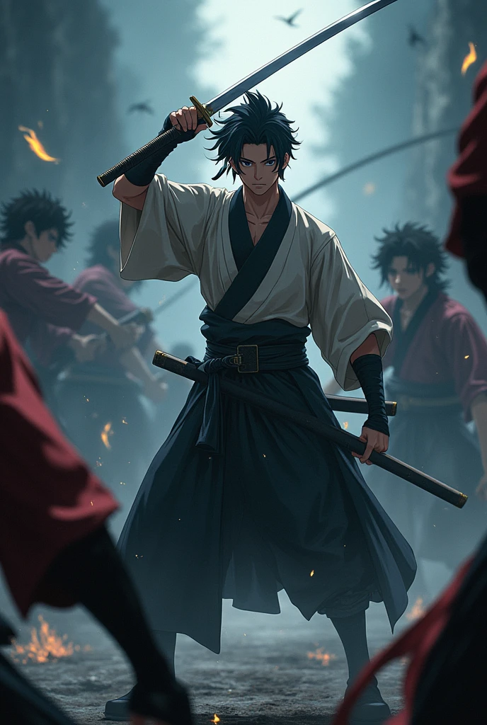 Tandjiro kamado with a katana he fights with enemies
