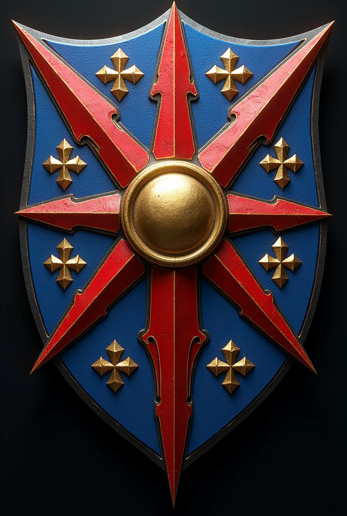 of gold, 4 red blades; blue border, loaded with 8 crosses, also silver potentiates, each cantoned cross of 4 crosspieces also powerful.