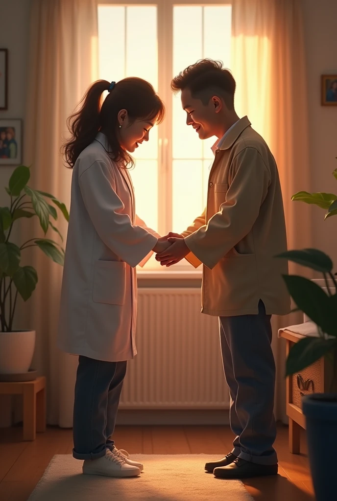 Mom and dad hold the foot of their daughter who graduated as a doctor in her uniform, as if parents serve as support for their feet, that indicate that they were the pillars for their graduation