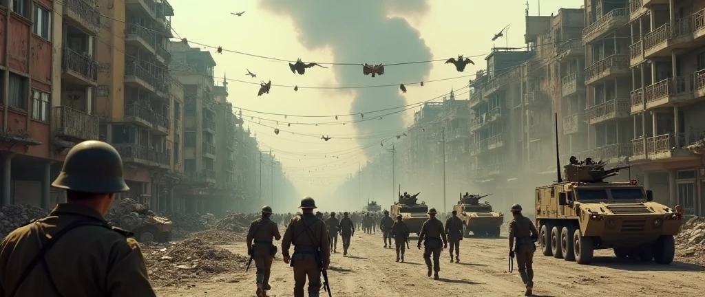 1970; (masterpiece, best quality) destroyed roads (Buenos Aires) battle of enemy armies on a battlefield