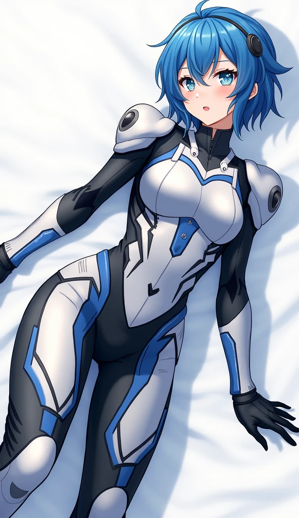(masterpiece, Highest quality, Highest Resolution, clear_image, Detailed explanation): (alone, Lonely Girl, The Face of Japan, Blue Hair Girl, short hair, Full body portrait, Small breasts, Sparkling blue eyes, Metallic white and blue pilot suit, Black, Tight fitting clothes, Clothing that covers the entire body, beauty, The body is slim, Exoskeleton, Knee Boots, heroine, Lying on your back, Open your thighs from side to side, Arm-length gloves, headset)