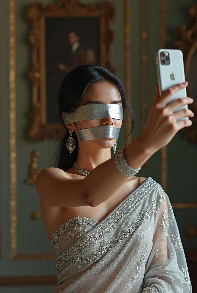 Aesthetic Indian Girl blindfolded Duct tape gagged in silver shimmering prom saree Taking selfie