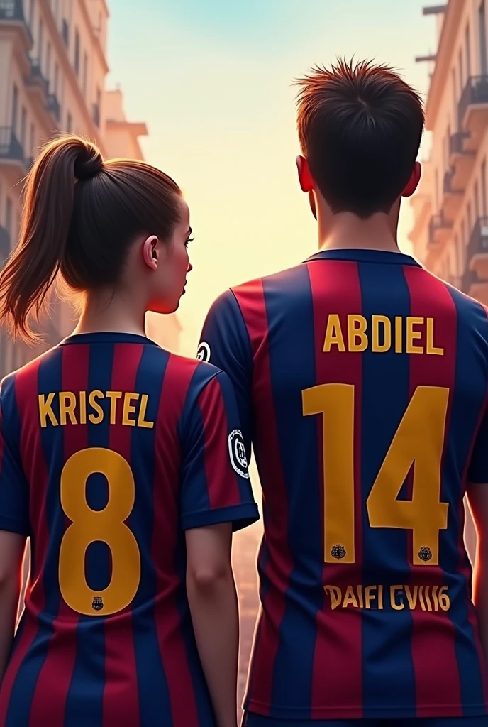 Woman and man from behind with Barcelona shirt number 8 and 14 named Kristel and Abdiel and the woman with her hair tied to one side 