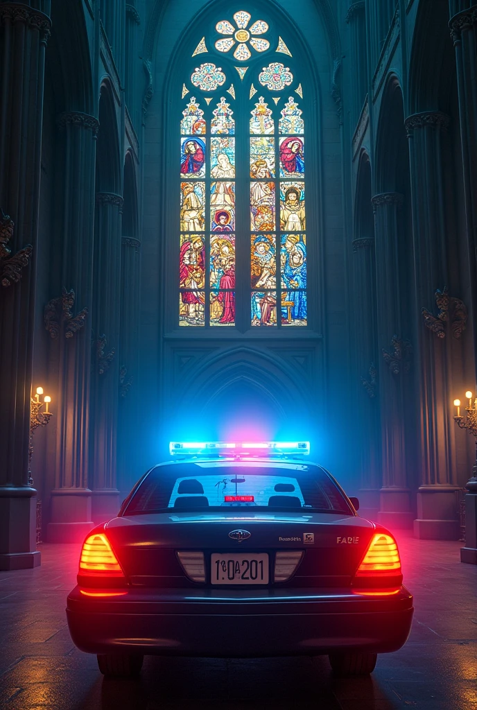 Give me a morphed album cover image of a cop cars lights & blue and red cathedral stained glass 