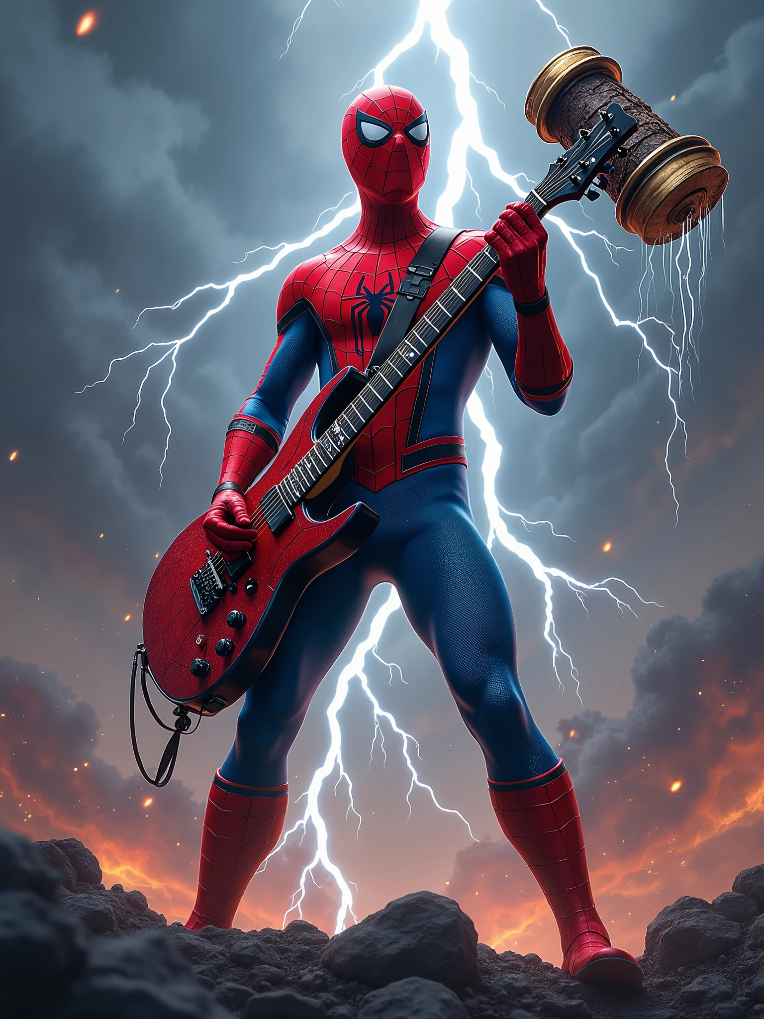 Rock Spiderman marvel with hammer shaped guitar with thunder in the background and a very rock vibes.