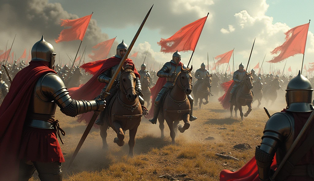 An artistic representation of the Battle of Crécy, featuring knights, longbowmen, and a chaotic battlefield. The scene is filled with dramatic tension, with knights clashing in close combat, archers unleashing volleys of arrows, and the landscape scarred by the ravages of war. The image captures the scale and intensity of medieval warfare, with detailed armor, banners fluttering in the wind, and a sky darkened by smoke and arrows. The style is inspired by Edmund Blair Leighton, focusing on intricate details and emotional depth., Surrealism, Hyperrealism, UHD, retina, masterpiece, accurate, anatomically correct, textured skin, super detail, high quality, 16k