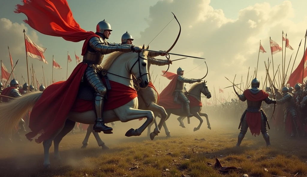 An artistic representation of the Battle of Crécy, featuring knights, longbowmen, and a chaotic battlefield. The scene is filled with dramatic tension, with knights clashing in close combat, archers unleashing volleys of arrows, and the landscape scarred by the ravages of war. The image captures the scale and intensity of medieval warfare, with detailed armor, banners fluttering in the wind, and a sky darkened by smoke and arrows. The style is inspired by Edmund Blair Leighton, focusing on intricate details and emotional depth., Surrealism, Hyperrealism, UHD, retina, masterpiece, accurate, anatomically correct, textured skin, super detail, high quality, 16k