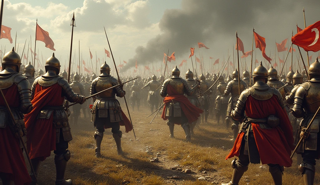 An artistic representation of the Battle of Crécy, featuring knights, longbowmen, and a chaotic battlefield. The scene is filled with dramatic tension, with knights clashing in close combat, archers unleashing volleys of arrows, and the landscape scarred by the ravages of war. The image captures the scale and intensity of medieval warfare, with detailed armor, banners fluttering in the wind, and a sky darkened by smoke and arrows. The style is inspired by Edmund Blair Leighton, focusing on intricate details and emotional depth., Surrealism, Hyperrealism, UHD, retina, masterpiece, accurate, anatomically correct, textured skin, super detail, high quality, 16k