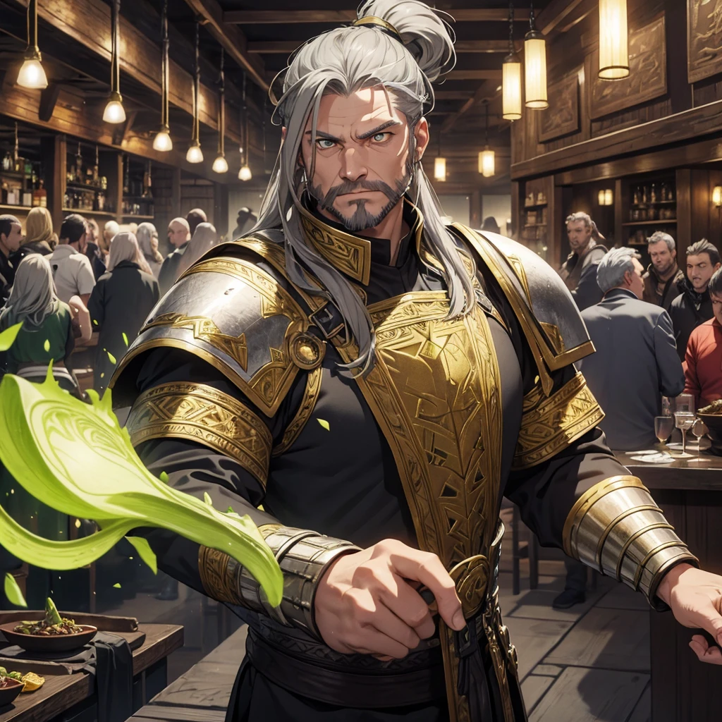 Middle aged man. eyeballs. greens. half gray hair ponytail. arrogant face. Gray clothes with gold Viking style details and armor. Background tavern full of people. 