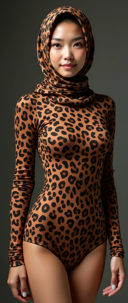 the beautiful,slender thin and prettiest Asian and Malaysian muslimah adult girl with beautiful cheeks wears brown leopard print lycra turtleneck unitard catsuit covered with black seamless spots and always wear brown leopard print lycra elastane stretchy dance wear hijab covered with black seamless spots.She likes to eat soup noodles with vegetables.