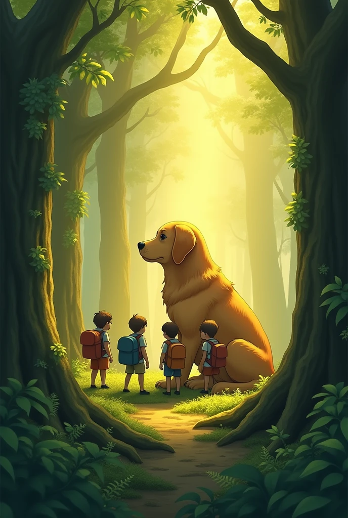 1. style: "3d", "Fantasy Illustration", "Ghibli style"
2. scene: "mysteriousな森", "Foggy forest"
3. character:
- "Huge and cute golden retriever"
- "Five little adventurers with backpacks"
4. illumination: "Fantastic Light", "wood々Light coming in from between"
5. tone: "暖かなtone", "Green and gold contrast"
6. details:
-The golden retriever pricks up one ear to listen in on the conversation. -The five adventurers are whispering in a circle. - "苔むしたwoodの根"
- "Fern plants"
- "Forest Path"
7. composition: "Tiny adventurers versus giant animals"
8. atmosphere: "mysterious", "Inspire your sense of adventure", "Fantasy"
9. texture: "Soft coat", "Bark detail"
10. time zone: "In the morning haze" or "At dusk"