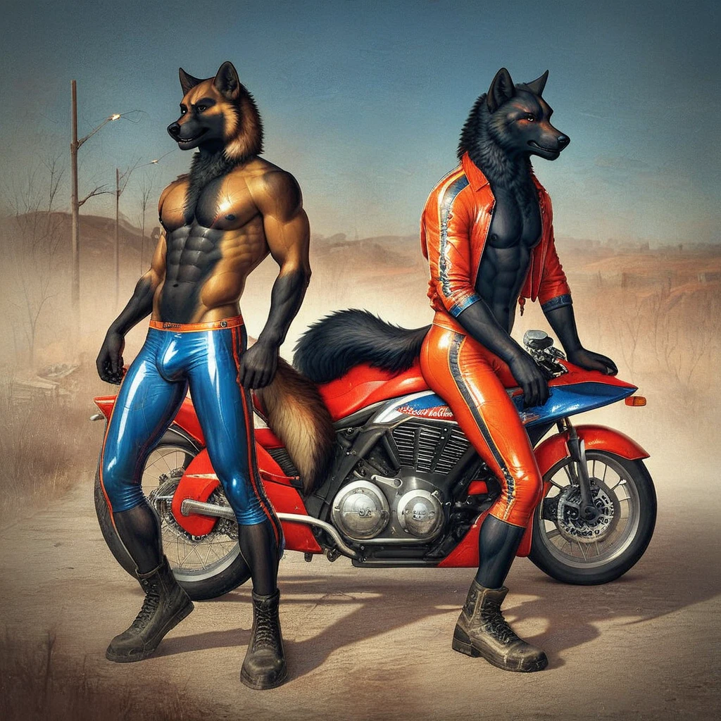 Masterpieces, furry, male, Anthropomorphic, full body, old age, rugged, black wolf, {two men with lanky body type}, white goatee, grizzled fur, glistening body, biker, ebony skin, depth of field, warm lighting, bright lighting, (best quality),(masterpiece),(ultra detailed), sharp focus, wasteland background, fierce look, evil grins, scars, glossy, oiled up body, black nipples, bushy tail, grime and dirty body, tight underwear