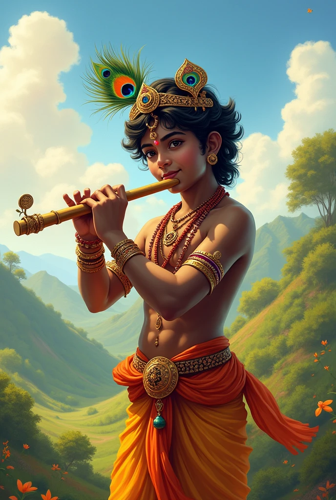 Main Krishna with flute and subtitle happy Krishna Janmashtami