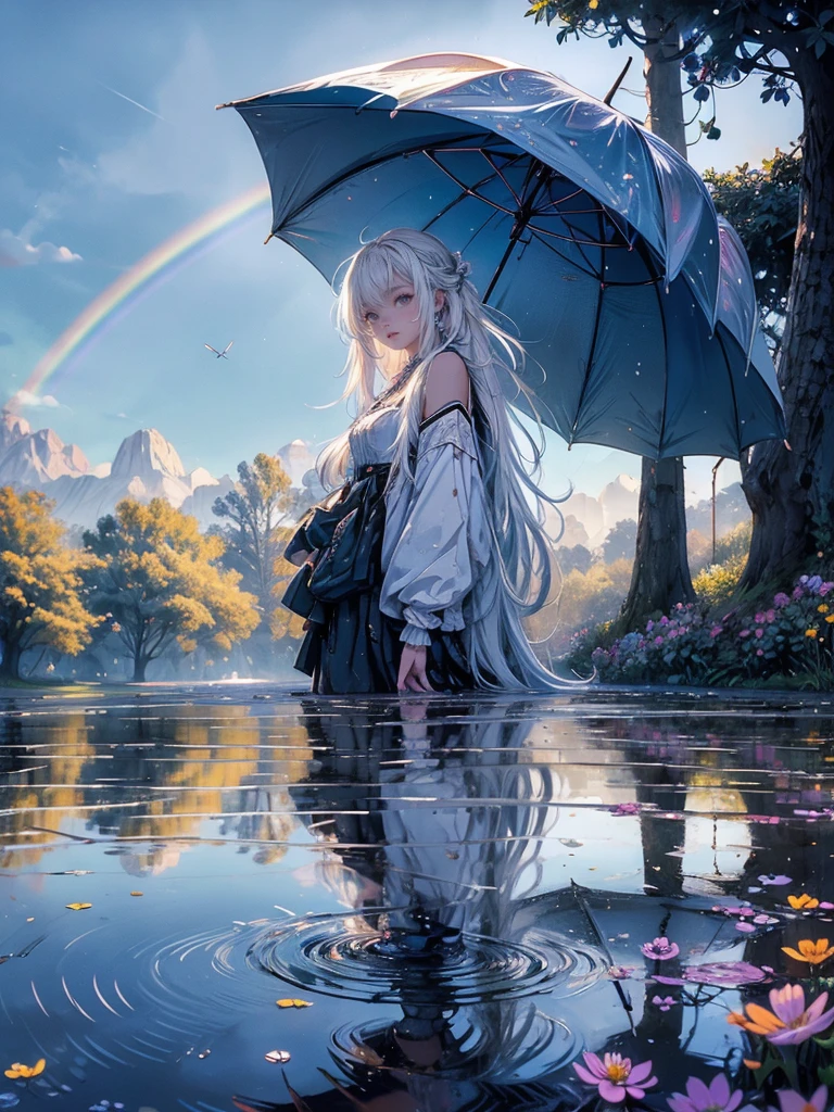 high quality, top quality,high resolution,1girl,solo,cute,white hair and long hair,after the rain, blue sky,rainbow in the sky,in park, puddle,wet flower