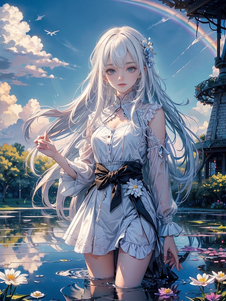 high quality, top quality,high resolution,1girl,solo,cute,white hair and long hair,after the rain, blue sky,rainbow in the sky,in park, puddle,wet flower