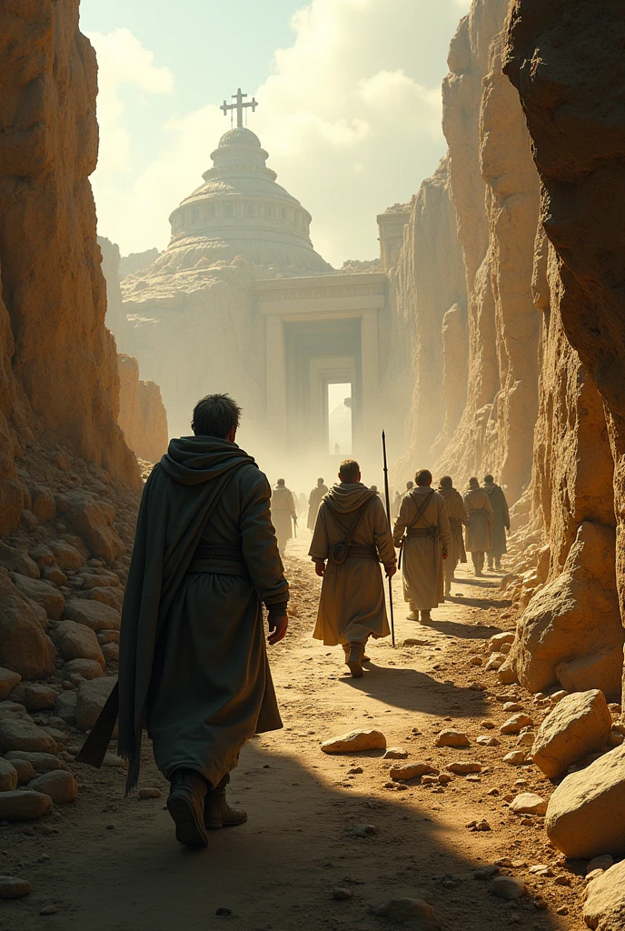  The group comes out into the light of day, with the temple collapsing in the distance and collapsed