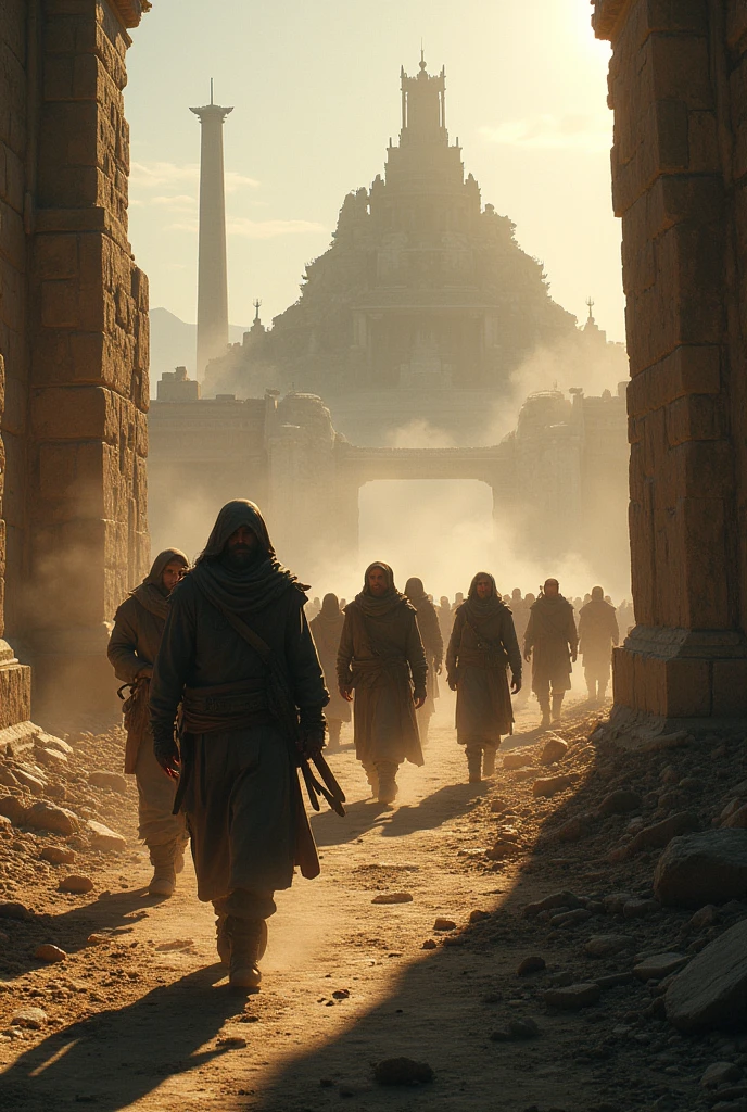 The group comes out into the light of day, with the temple collapsing in the distance and collapsed