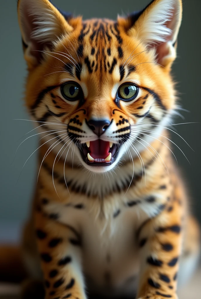one girl, fox ears, , pure, cute naked, topless, a cat human Mix, human Body, big tits, furry skin, hairy nose , whiskers big eyes, Leopard fur, Cat eyes, hybride 30 % Leopard and 70 % human, Sharp fangs, mouth Open, drooling, tail