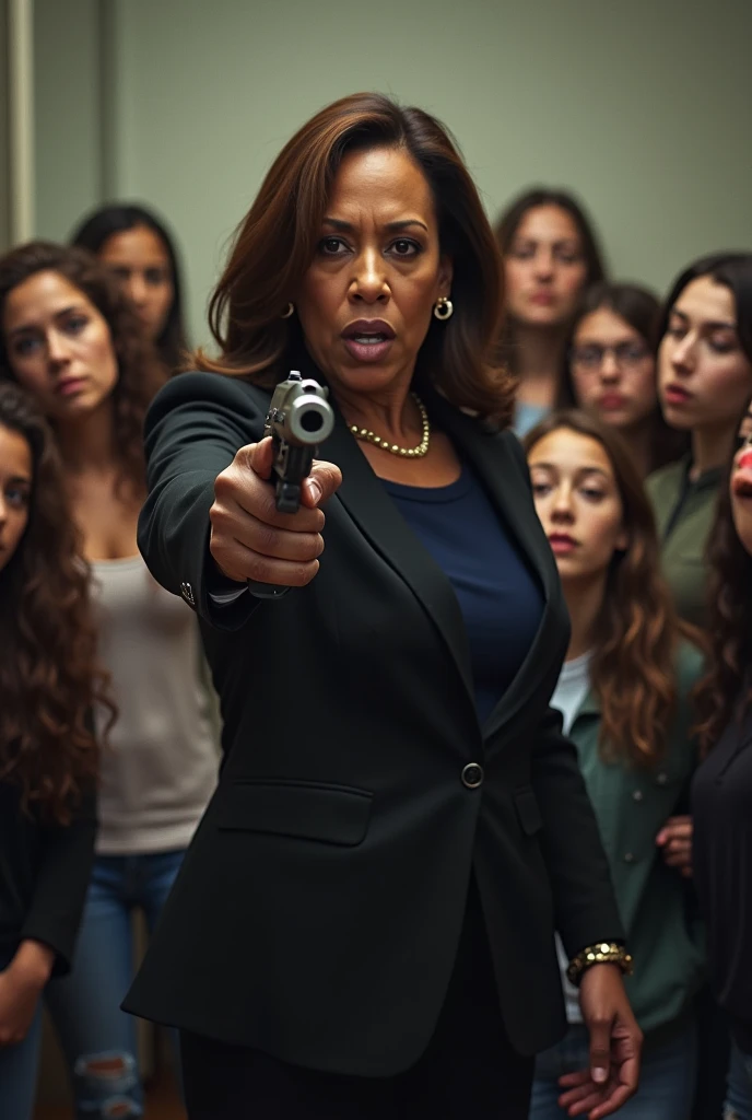 Vice president Kamala Harris pointing a gun and yelling at a group of white teenage girls,