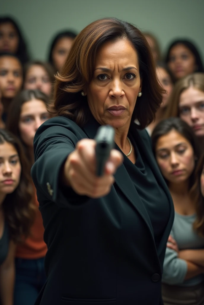 Vice president Kamala Harris pointing a gun and yelling at a group of white teenage girls, 