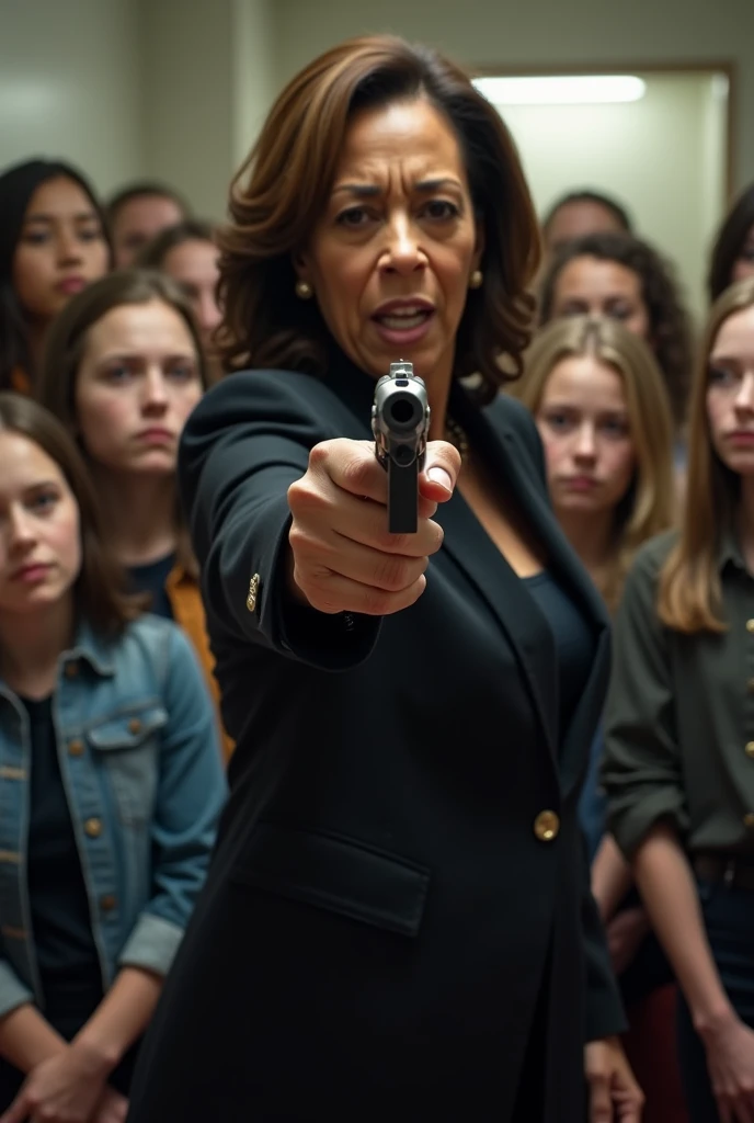 Vice president Kamala Harris pointing a gun and yelling at a group of white teenage girls,