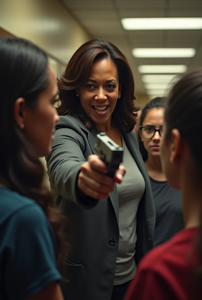 Vice president Kamala Harris pointing a gun and yelling at a group of white age girls,