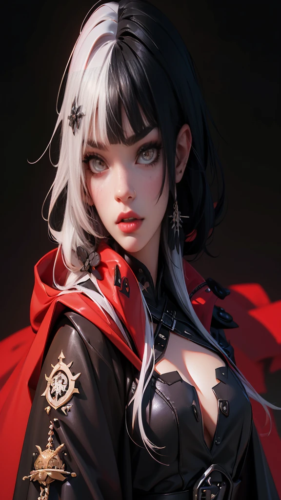 envision a 8k, highres, cinematic, beautiful full body design sheet of a short girl named Shiori Novella with long black and white hair with hair ornaments, Amber eyes, and goth messy makeup wearing a goth military ta dress and red cape against a dark background