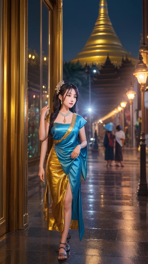 (8k, RAW Photos, besaint quality, masainterpiece:1.2), (realisaintic, photo-realisaintic:1.37),saint. Louis (Luxury Wheels) (Azur Lane),One person,(Myanmar girl), (aegyo sal:1),hair ornaments, Portraiture, (Myanmar traditional costume:1.1), necklace, Blue Claws,cute,Cityscape, night, rain, Wet, Professional Lighting, Photon Mapping, Radio City, Physically Based Rendering, Background Shwedagon Pagoda