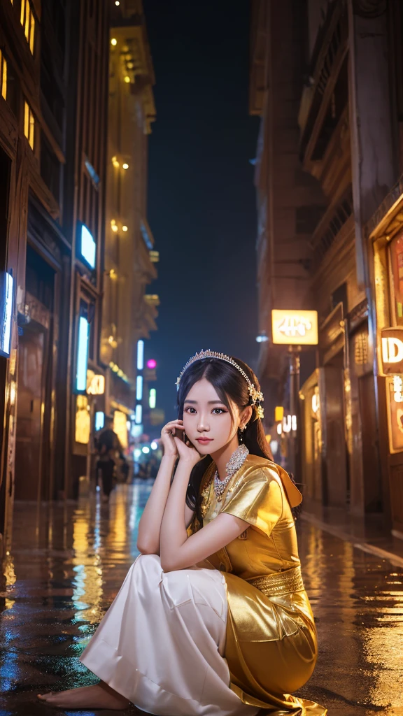 (8k, RAW Photos, besaint quality, masainterpiece:1.2), (realisaintic, photo-realisaintic:1.37),saint. Louis (Luxury Wheels) (Azur Lane),One person,(Myanmar girl), (aegyo sal:1),hair ornaments, Portraiture, (Myanmar traditional costume:1.1), necklace, Blue Claws,cute,Cityscape, night, rain, Wet, Professional Lighting, Photon Mapping, Radio City, Physically Based Rendering, Background Shwedagon Pagoda