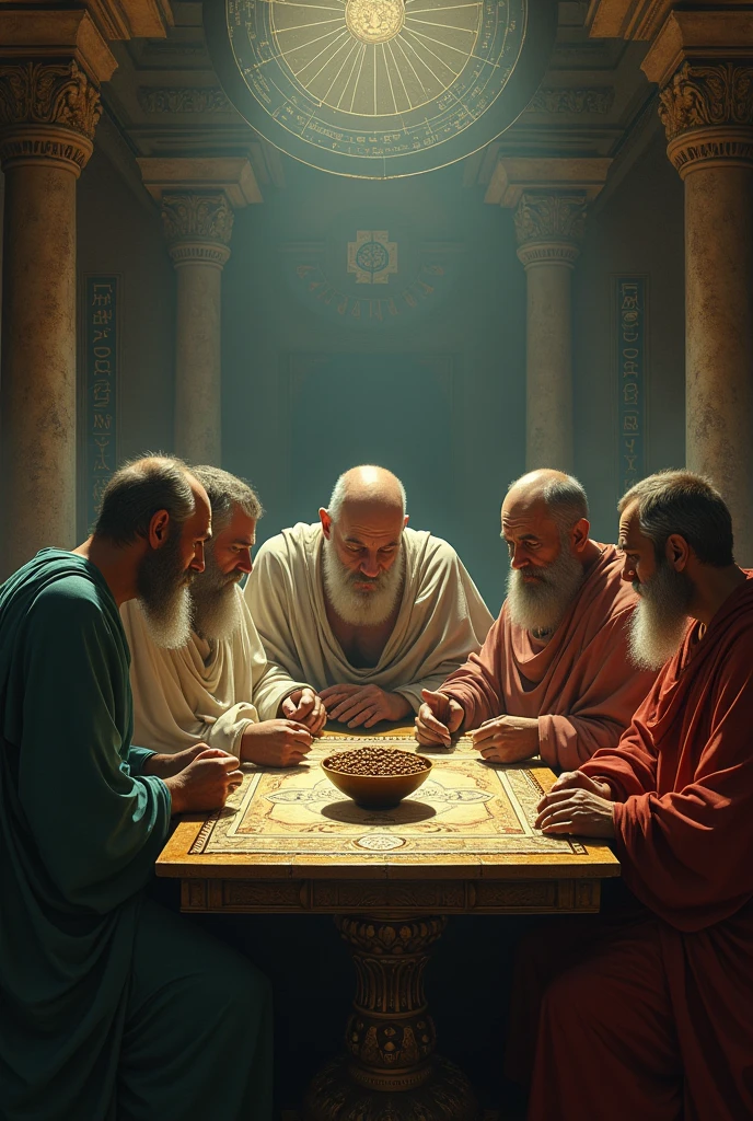 A scene depicting ancient Greek mathematicians in a mysterious, secretive setting reminiscent of a philosophical cult gathering. The figures, dressed in traditional robes, are engaged in deep conversation around an ornate table, surrounded by symbols of mathematics and geometry. In contrast, a small bowl of beans sits untouched in the center of the table, drawing curious glances. The atmosphere is a blend of intellectual seriousness and an odd sense of the bizarre. The lighting is soft and mysti