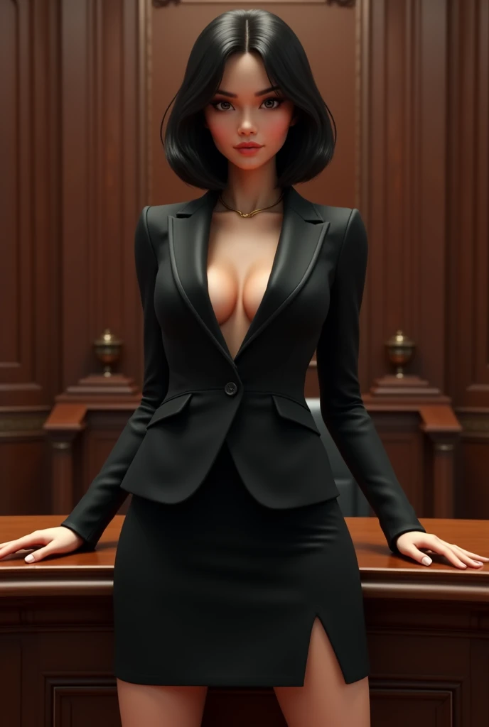 (nsfw), Claire Wong, a sophisticated and no-nonsense 3 lawyer, who has super sexually attractive body, is depicted in a luxurious courtroom, standing confidently before a judge. She is dressed in a perfectly fitted black pencil skirt and blazer, her hair styled in a sleek, straight bob that adds to her sharp, professional appearance. Her piercing gaze and calm demeanor command the attention of everyone in the room as she delivers her arguments with precision. The courtroom is grand, with dark wood paneling and elegant architecture, emphasizing the seriousness and authority of the scene. Hyper-detailed, dramatic lighting, professional atmosphere, 8K.