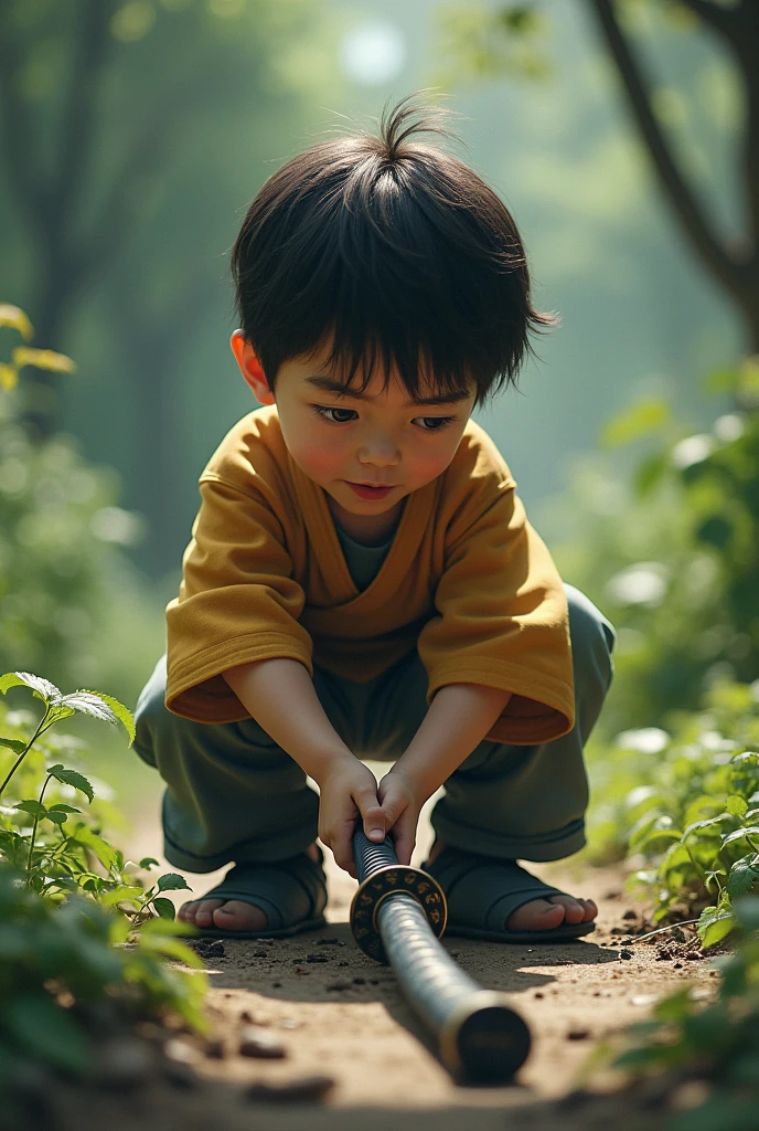 A male ,picking up a katana from the ground. 