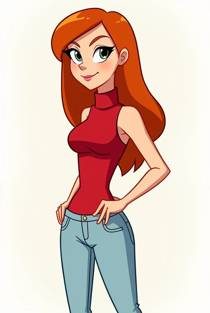Candace from Phineas and Ferb wearing her red sleeveless turtleneck polo but instead of her white skirt she wears light blue jeans