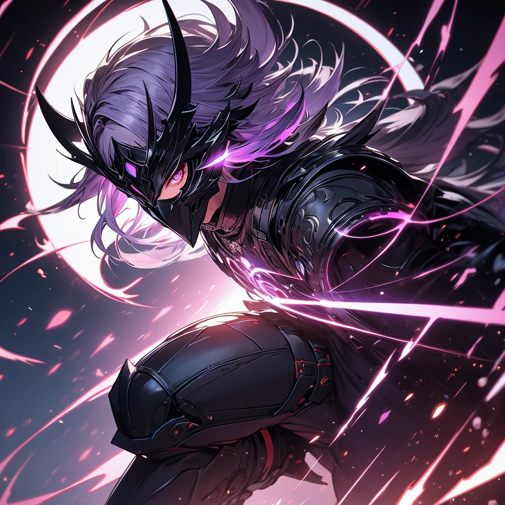 ((masterpiece)), (best quality), (ultra-detailed), (best illustration), (best illumination), photorealistic, 1boy, solo, long hair, lilac hair, no face, lilac eyes, black armor, lilac armor, multicolored armor, hammer hero, crazy, metal halo behind, dark aura, obsession, glowing pupils, full body, floating in air, ruins scenery, dark sky, helmet, mask, face covered. 