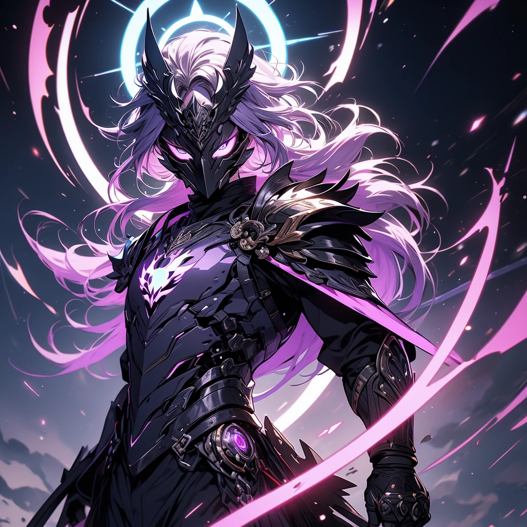 ((masterpiece)), (best quality), (ultra-detailed), (best illustration), (best illumination), photorealistic, 1boy, solo, long hair, lilac hair, no face, lilac eyes, black armor, lilac armor, multicolored armor, hammer hero, crazy, metal halo behind, dark aura, obsession, glowing pupils, full body, floating in air, ruins scenery, dark sky, helmet, mask, face covered. 