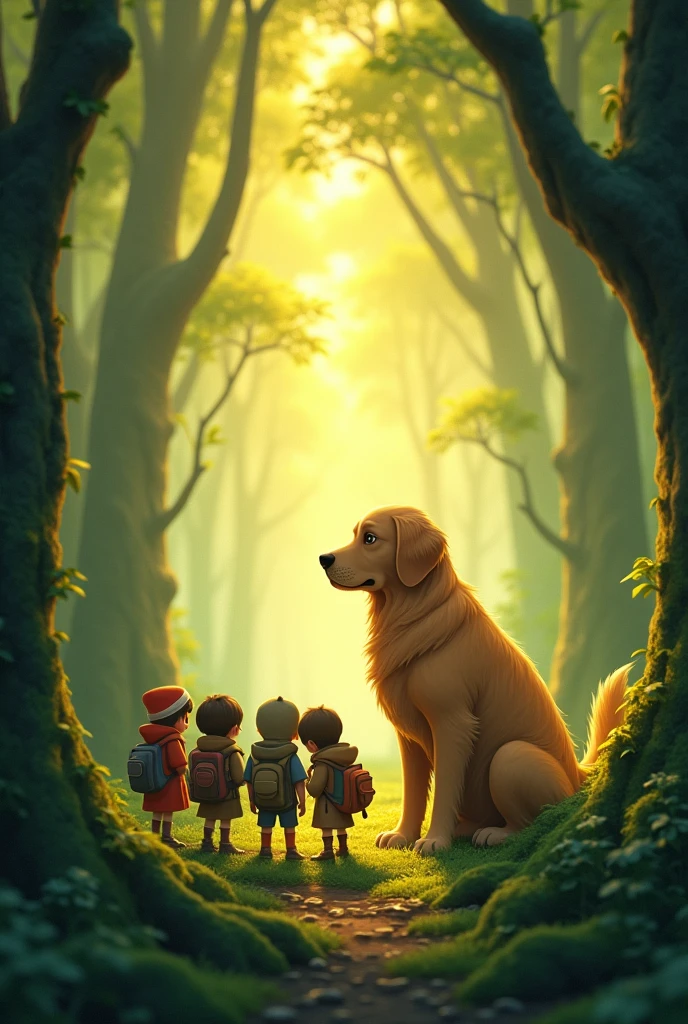 1. style: "3d", "Fantasy Illustration", "Ghibli style"

2. scene: "mysteriousな森", "Foggy forest"

3. character: 
   - "Huge and cute golden retriever" 
   - "Five little adventurers with backpacks"

4. illumination: "Fantastic Light", "wood々Light coming in from between"

5. tone: "暖かなtone", "Green and gold contrast"

6. details: 
   -The golden retriever pricks up one ear to listen in on the conversation. -The five adventurers are whispering in a circle. - "苔むしたwoodの根"
   - "Fern plants"
   - "Forest Path"

7. composition: "Tiny adventurers versus giant animals"

8. atmosphere: "mysterious", "Inspire your sense of adventure", "Fantasy"

9. texture: "Soft coat", "Bark detail"

10. time zone: "In the morning haze" or "At dusk"
