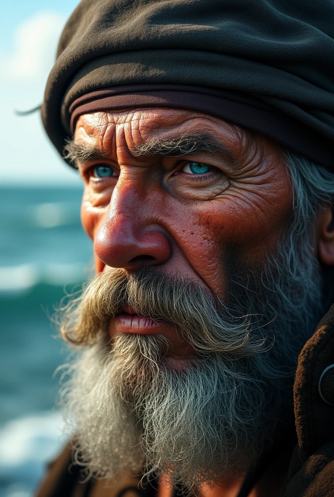 The face of an old bearded pirate. 