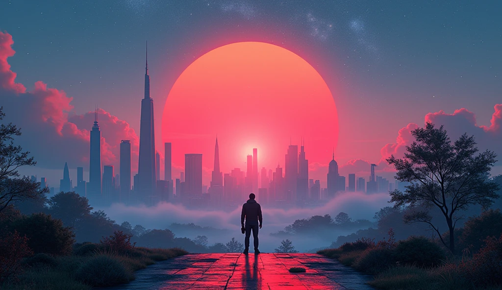 a futuristic amazing city, dim, hyper-realism, best quality, 8k, highres, masterpiece:1.2, ultra-detailed, realistic, photorealistic:1.37, great parks with lots of plants and trees, man photographed from behind, big blue sky, red sunrise, stars in the sky