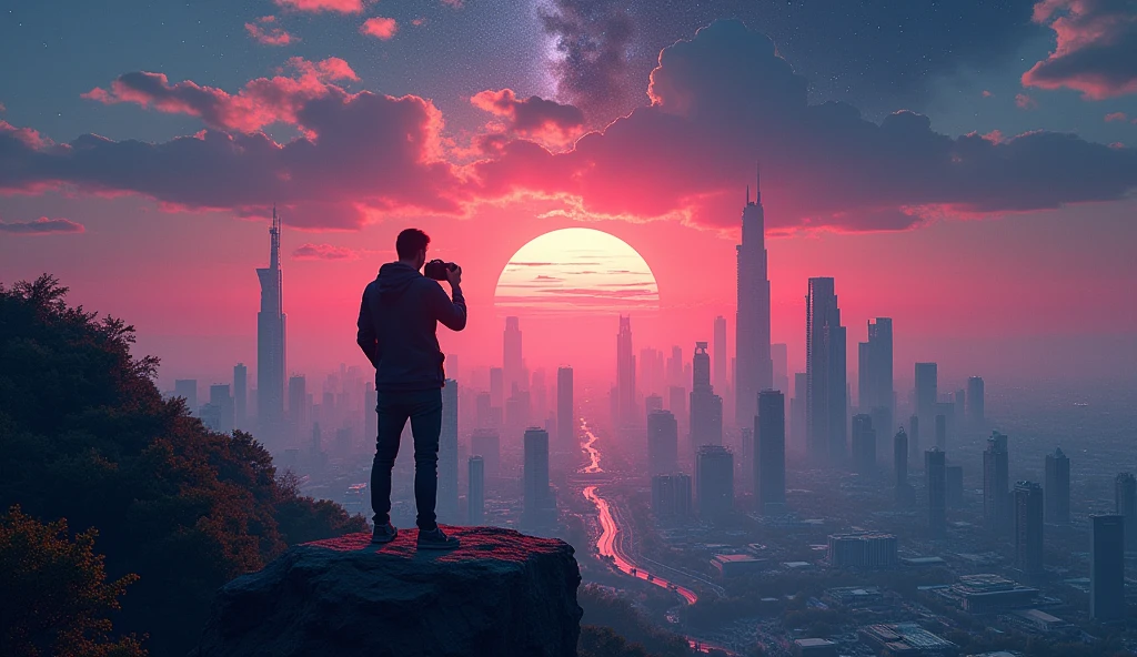 a futuristic amazing city, dim, hyper-realism, best quality, 8k, highres, masterpiece:1.2, ultra-detailed, realistic, photorealistic:1.37, great parks with lots of plants and trees, man photographed from behind, big blue sky, red sunrise, stars in the sky