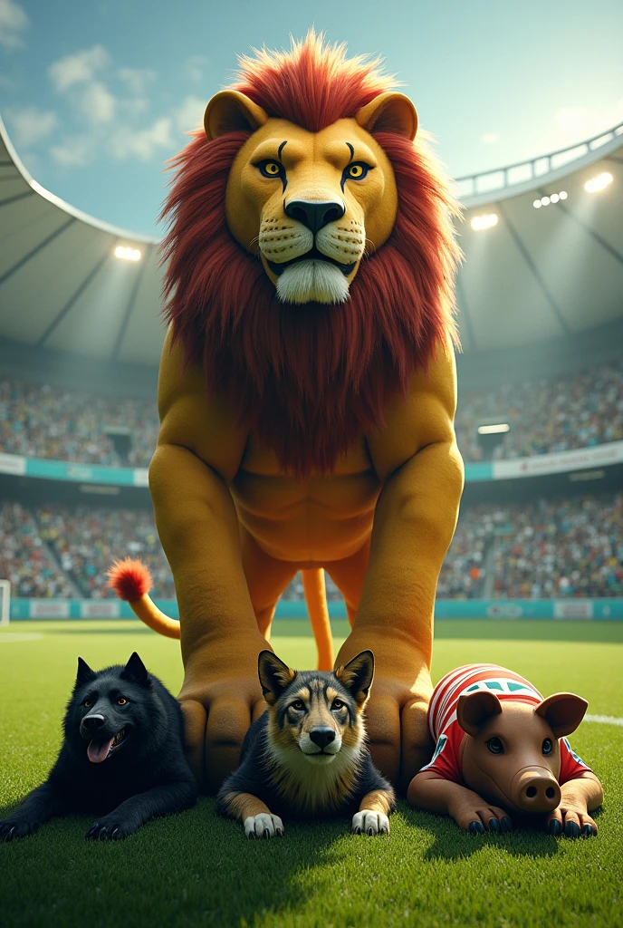 In Brazil there is a football championship where the Fortaleza team is in first place, followed by Botafogo, Palmeiras and Flamengo.
Could you generate an image where the Fortaleza mascot, A strong lion, is on top of the other pets lying on the ground.
The mascots lying on the floor are a black dog from Botafogo, a pig from Palmeiras and a black vulture from Flamengo.
All this on a football field.
The pets on the ground must be a black dog, a vulture and a pig. They are dead.