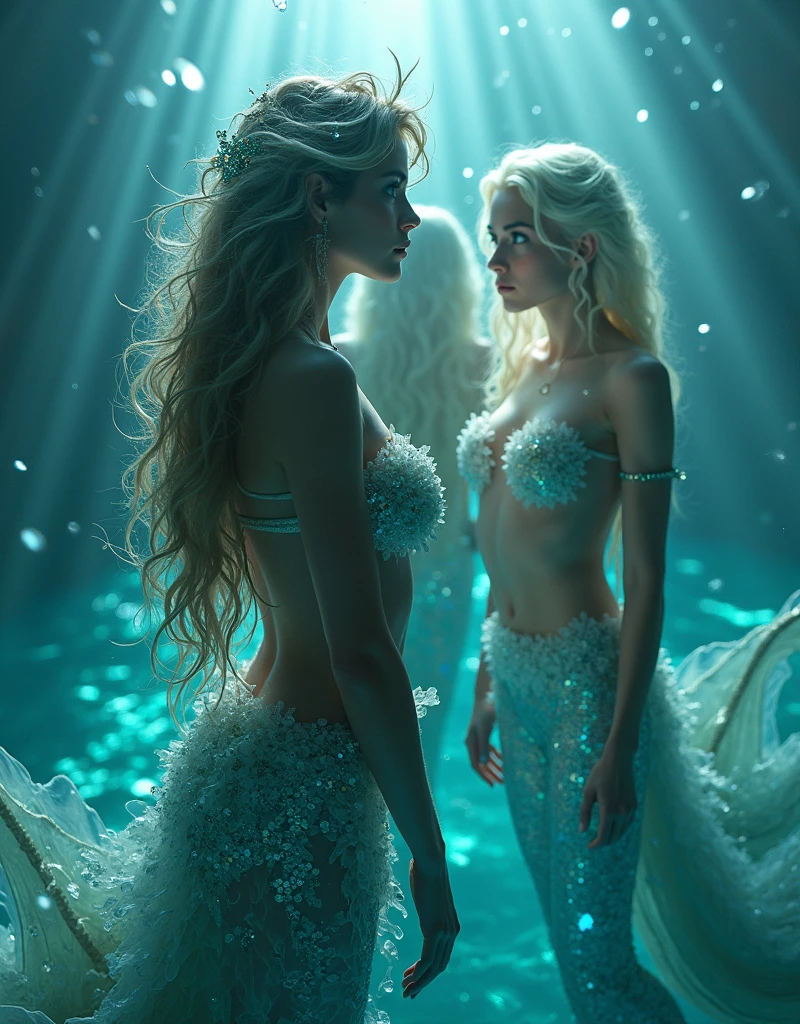 (masterpiece,Distinguished Quality,Mirror-like,Cinematic Experience,insanely detailed,absurdres),8k,full image shot),(3 females), the shimmering, iridescent depths of an enchanted ocean, mesmerizing sirens, (tales:2:0), big breasts, nipples ,8k, slim waist, shimmering scales on a tale, luminous, pearlescent skin glistening with dew, long, flowing hair a wild tangle of seaweed and glittering, gemstone-encrusted locks, as their piercing, aquamarine eyes gleam with an otherworldly allure, shimmering, crystalline tail glimmers with a soft, ethereal light, beckoning sailors to their doom with a haunting, melodic song that echoes through the mystical, moonlit waves, Imagine the captivating, underwater scene!