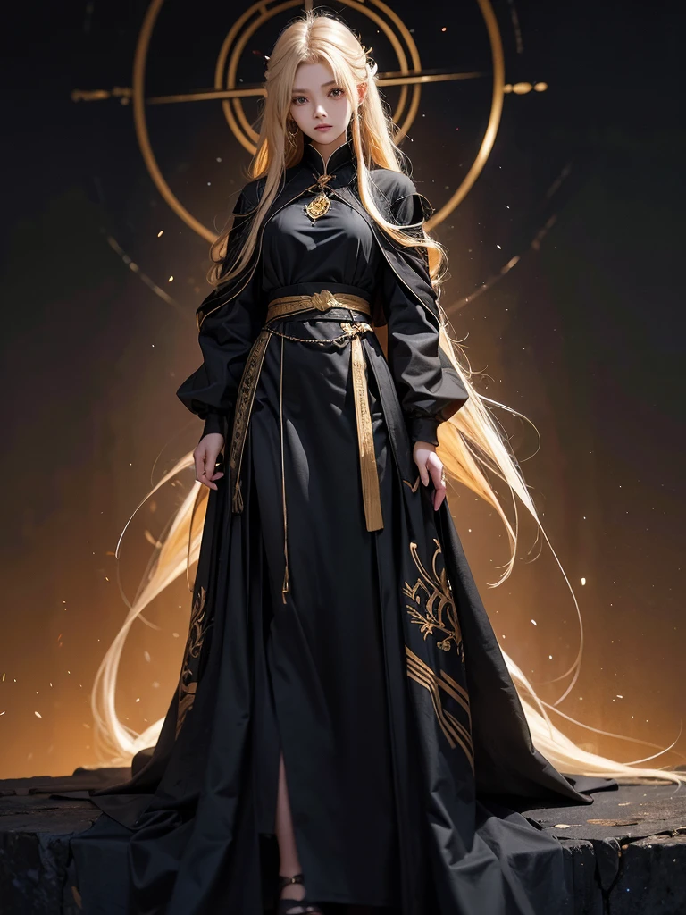 Runic Background、Wearing a black robe、Mage's Clothing、golden hair color、look at the viewer、masterpiece、cute woman、Wearing elegant school clothes