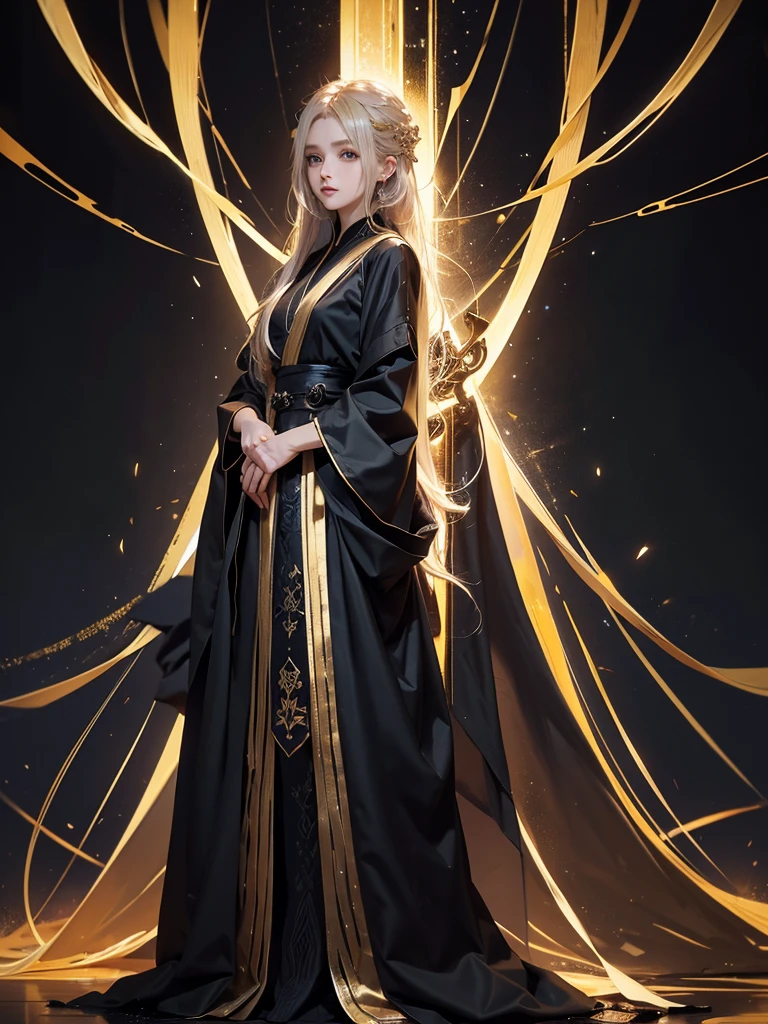 Runic Background、Wearing a black robe、Mage's Clothing、golden hair color、look at the viewer、masterpiece、cute woman、Wearing elegant school clothes