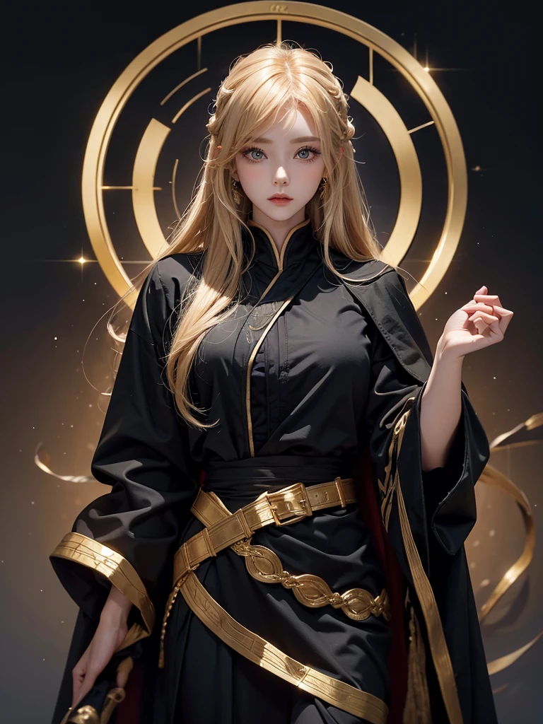 Runic Background、Wearing a black robe、Mage's Clothing、golden hair color、look at the viewer、masterpiece、cute woman、Wearing elegant school clothes